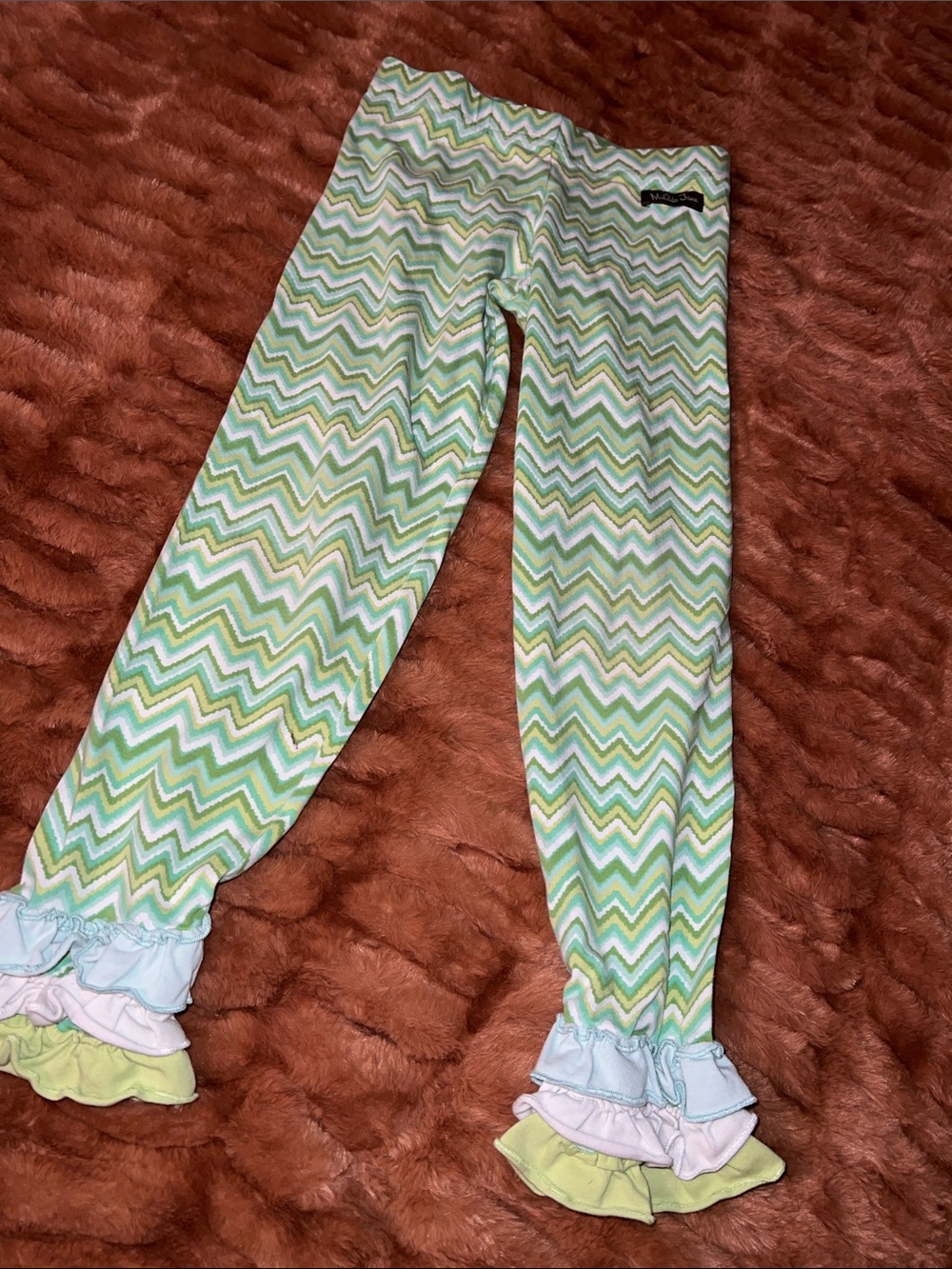 Matilda Jane Mint, White & Yellow Chevron Leggings with Ruffle Trim